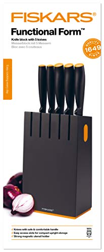 Fiskars Bloque de cuchillos con 5 cuchillos, Ancho: 14,5 cm, Alto: 36 cm, Madera de abedul, Negro, Functional Form, 1014190