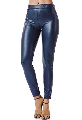 FITTOO Mujeres PU Leggins Cuero Brillante Pantalón Elásticos Pantalones para Mujer Azul L