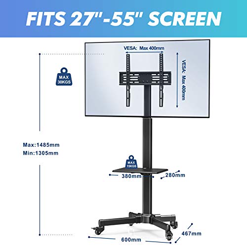 FITUEYES Soporte TV Móvil de 27 a 55 Pulgadas Inclinable Exhibición Móvil Carro con Estante MAX VESA 400 x 400 mm