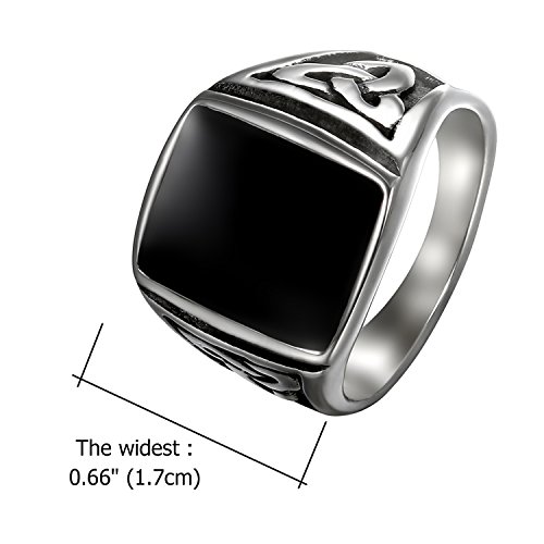 Flongo Anillo de Compromiso de Hombre, Anillo de Sello Grande con Piedra Negra, Anillo de Celta Acero Inoxidable de diseño Retro Vintage, Plateado Negro Talla 30