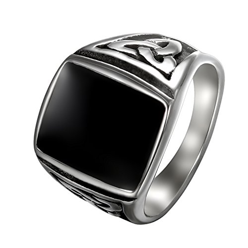 Flongo Anillo de Compromiso de Hombre, Anillo de Sello Grande con Piedra Negra, Anillo de Celta Acero Inoxidable de diseño Retro Vintage, Plateado Negro Talla 30