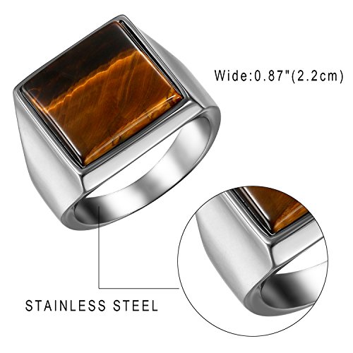 Flongo Anillo de Sello de Piedra marrón, Anillo de Hombre Acero Inoxidable Plateado, Grande Anillo Retro Vintage de Compromiso, Regalo Original para Hombre, Talla 14