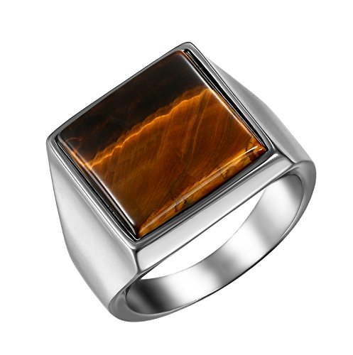 Flongo Anillo de Sello de Piedra marrón, Anillo de Hombre Acero Inoxidable Plateado, Grande Anillo Retro Vintage de Compromiso, Regalo Original para Hombre, Talla 14