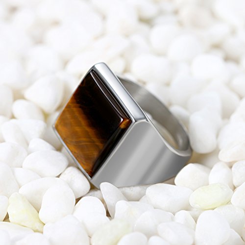 Flongo Anillo de Sello de Piedra marrón, Anillo de Hombre Acero Inoxidable Plateado, Grande Anillo Retro Vintage de Compromiso, Regalo Original para Hombre, Talla 14