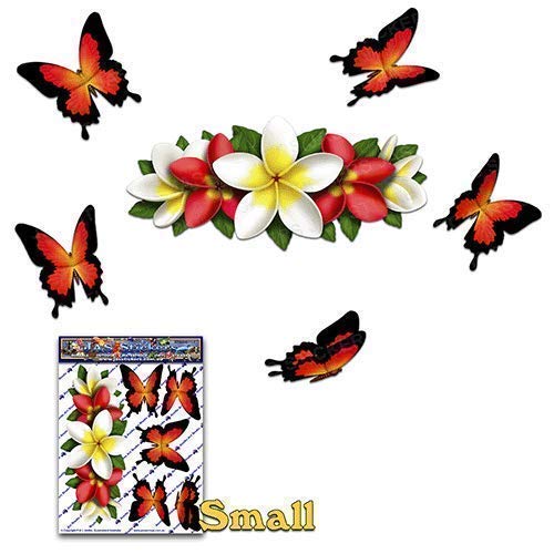 Flor roja Frangipani Plumeria centro pequeño + mariposa animal coche etiqueta engomada de la etiqueta - ST00046RD_SML - JAS Pegatinas