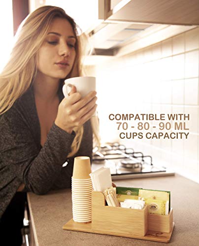 FMC Organizador Accesorios de Café - Dispensador para Azucarillos, Té, Cápsulas, Agitadores, Vasos y Servilletas - Ideal para Oficina o Cocina - Antideslizante, Fabricado en Bambú
