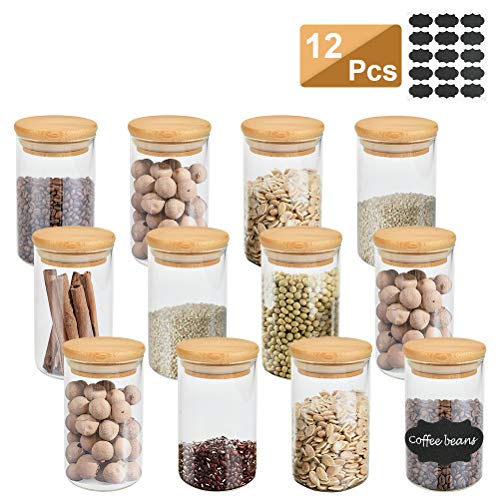 FOCCTS 12pcs 150ml Tarros de Almacenamiento de Cristal con Pegatinas y Tapa de Bambú para Dulces,Galletas, Arroz, Azúcar, Harina, Pasta, Café