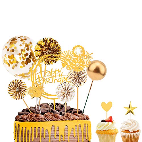 FORMIZON Oro Decoración para Tartas de Cumpleaños, Globos de Confeti Topper, Feliz cumpleaños Oro Cake Topper Abanicos de Papel Tartas de Decoración