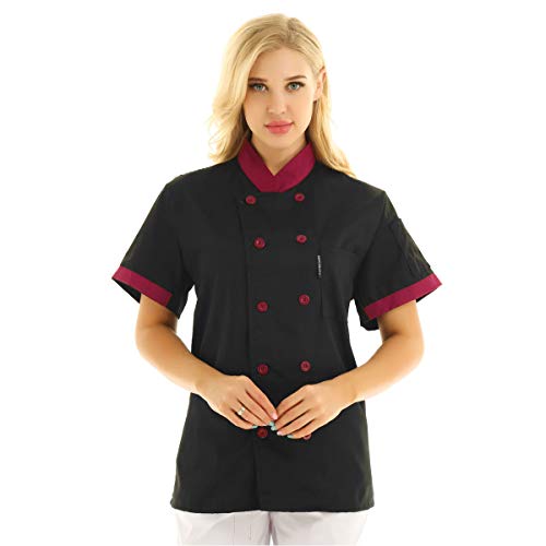 Freebily Unisexo Camisa de Cocineros Camareros Chef Uniforme Mandarin de Trabajo Cocina Hotel Restaurante Chaqueta Llaboral Profesional Mangas Cortas Doble Pecho Negro XL