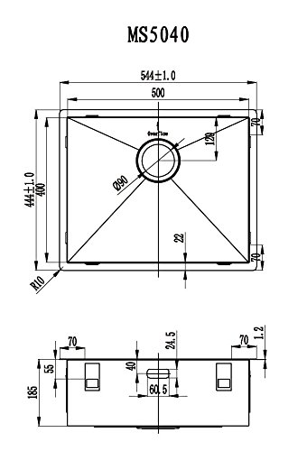 Fregadero de Cocina Mizzo Quadro | Acero Inoxidable 304 | Montaje Bajo o Sobre Encimera o al Ras | Radio 0mm | 1 Seno | Grosor Acero 1.2mm (50x40)