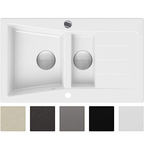 Fregadero de Granito con Premium Sifón Madrid Fregadero Empotrado Bianco Armario Cocina 60cm Lavabo de Granito con Premium Sifón Automático y Rejilla Primagran