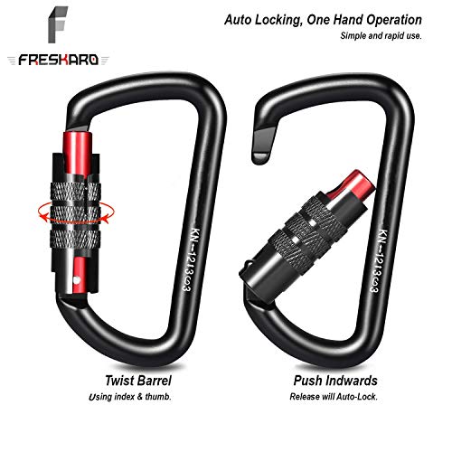 FresKaro 2019 Nuevo 2pcs Giro Cierre Mosquetón Clips, Clasificación de Peso 2645lbs, Mosquetones de Aluminio Auto-Lock, para Las Hamacas, Columpio de Yoga, Cámping, Llavero, Perros Seguros, Negro