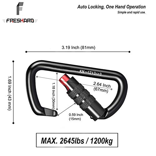 FresKaro 2019 Nuevo 2pcs Giro Cierre Mosquetón Clips, Clasificación de Peso 2645lbs, Mosquetones de Aluminio Auto-Lock, para Las Hamacas, Columpio de Yoga, Cámping, Llavero, Perros Seguros, Negro