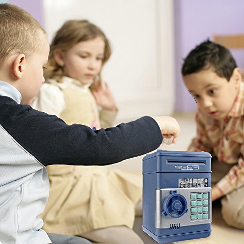 Frontoppy Hucha Contadora, Hucha Electrónica, contraseña, Cerdito, Hucha de Monedas, Juguetes de los Regalos para Niños con Sonido (Cajero automático-Azul)