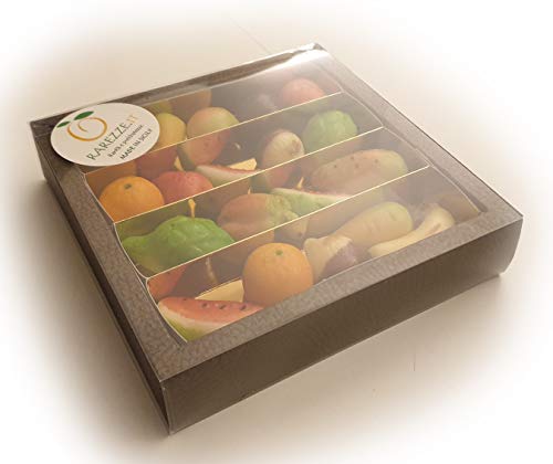 Fruta de pasta de almendra o mazápan, en estuche regalo. RAREZZE: productos típicos, cannoli, pasta de almendra, cassate, de pastelería artesanal siciliana