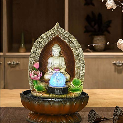 Fuente de Agua de Interior Fuente de Buda - Fuente de agua de mesa de Buda de 13 pulgadas for decoración de hogar y oficina, escultura decorativa con luz LED y bola giratoria for mantener la buena sue