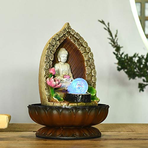 Fuente de Agua de Interior Fuente de Buda - Fuente de agua de mesa de Buda de 13 pulgadas for decoración de hogar y oficina, escultura decorativa con luz LED y bola giratoria for mantener la buena sue