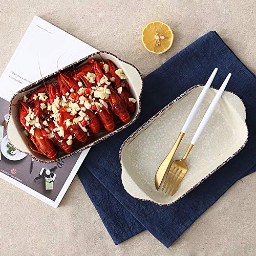 Fuente Horno Ceramica 2 piezas de cerámica japonesa rectangular fuente de horno, maneta creativo Doble Placa arroz cocido al horno, pasta de cocción del horno de microonda para lasañas, pasteles, tapa