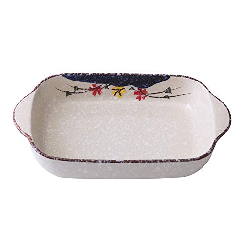 Fuente Horno Ceramica 2 piezas de cerámica japonesa rectangular fuente de horno, maneta creativo Doble Placa arroz cocido al horno, pasta de cocción del horno de microonda para lasañas, pasteles, tapa