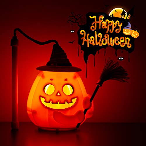 Fulighture Decoración de Halloween, luz de calabaza, linterna de calabaza de música con un sombrero púrpura y una escoba, decoración de otoño de Acción de Gracias, decoración del hogar, blanco cálido