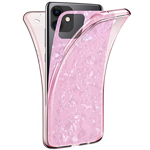 Funda Compatible con iPhone 11,Cover 360 Grados Todo Incluido Patrón de Concha Papel Suave TPU Silicona Transparente Ultrafina Flexible Ligero Goma Anti-caída Protección Case Bumper,Rosado