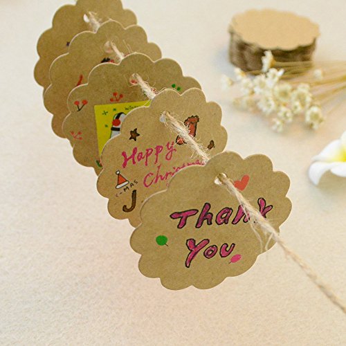 G2PLUS 100 Etiquetas de Papel Kraft,Etiquetas de Regalo,Equipaje Etiquetas de Las Etiquetas de Boda con 30 Metros de Cuerda de Yute para Decorar Regalos(6x6cm)
