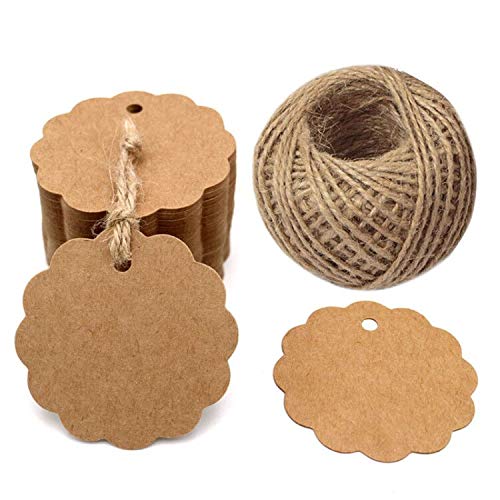 G2PLUS 100 Etiquetas de Papel Kraft,Etiquetas de Regalo,Equipaje Etiquetas de Las Etiquetas de Boda con 30 Metros de Cuerda de Yute para Decorar Regalos(6x6cm)