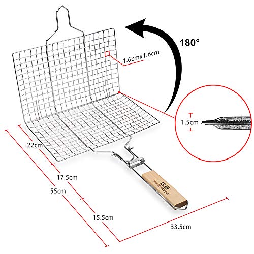 G.a HOMEFAVOR Barbacoa Parrilla Portátil Plegable Acero Inoxidable Cesto Pescado Parrilla con Mango de Madera para Pescado, Verduras, Camarón, Carne, 55 x 33.5cm