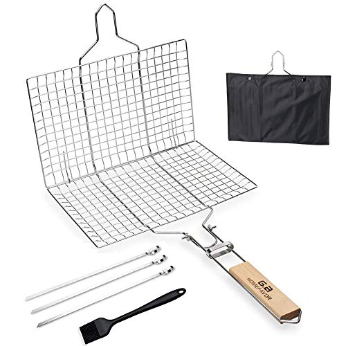 G.a HOMEFAVOR Barbacoa Parrilla Portátil Plegable Acero Inoxidable Cesto Pescado Parrilla con Mango de Madera para Pescado, Verduras, Camarón, Carne, 55 x 33.5cm