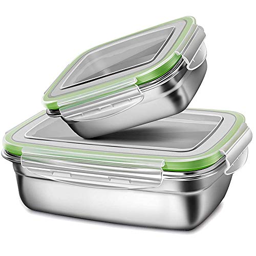 G.a HOMEFAVOR Fiambrera con Acero Inoxidable 2 Piezas Caja Bento Lunch Box para Niños Y Adultos con Tapa De Plástico (Grande 850ml, Pequeño 350ml), Verde