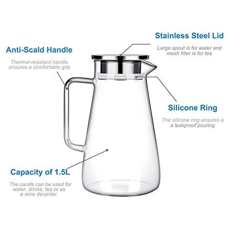 GA Homefavor Jarra de Vidrio para el té de 1500ml con Tapa de Acero Inoxidable