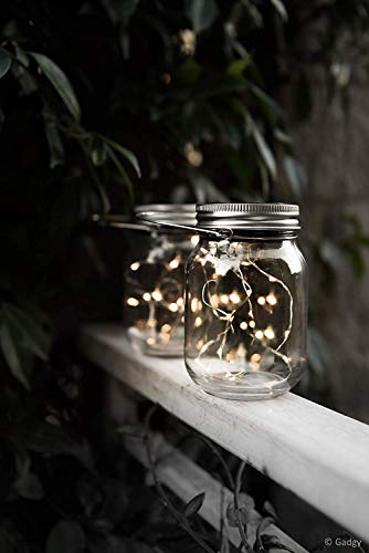 Gadgy ® Lámpara Solar Mason Jar Tarro Cristal Set Luces de Hadas | 3 Pzs | 20 LED’s Luz Blanca Cálida | Jarra Jardín Exterior Interior Colgar Farol
