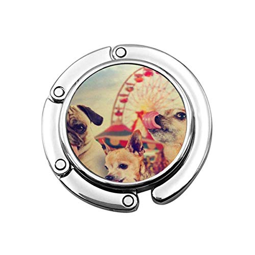 Gancho plegable para bolso con diseño de animales azules y tres perros en el carnaval de la comida justa rosa caramelo, tono retro efecto vintage