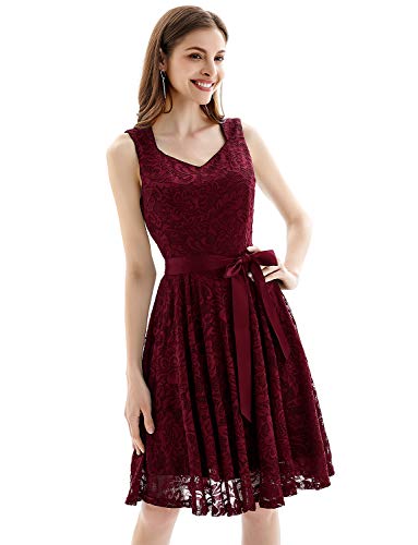 Gardenwed Elegante Una línea Sin Mangas Floral Encaje Corto Vestido De Fiesta Mujeres Cóctel Dama de Honor Fiesta Vino Tinto M