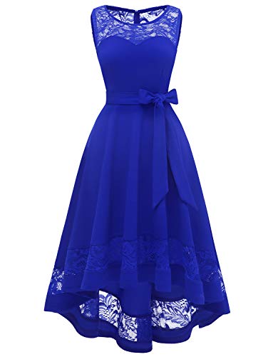 Gardenwed Vintage Sin Mangas Vestidos de Dama de Honor Vestidos de Fiesta de Encaje Floral de Alta Bajo La Noche de Las Mujeres Vestidos de Cóctel Royal Blue 2XL