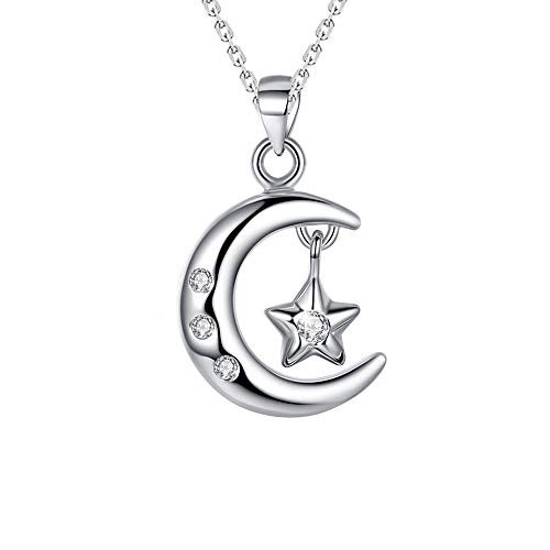 Gargantilla de plata de ley 925 con colgante de luna y estrella de cristal para mujer