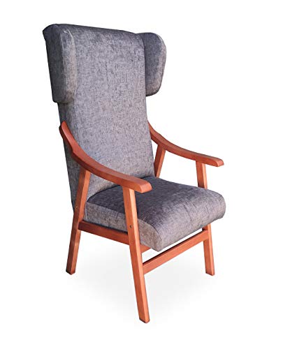 Gasten a gusto Silla con Brazos y Orejas apoya-Cabeza. Madera Color: Cerezo (Medidas: 117 * 69 * 57 cm) Tela Antimanchas: para Personas Mayores o geriátrico. Prótesis de Cadera. Gris