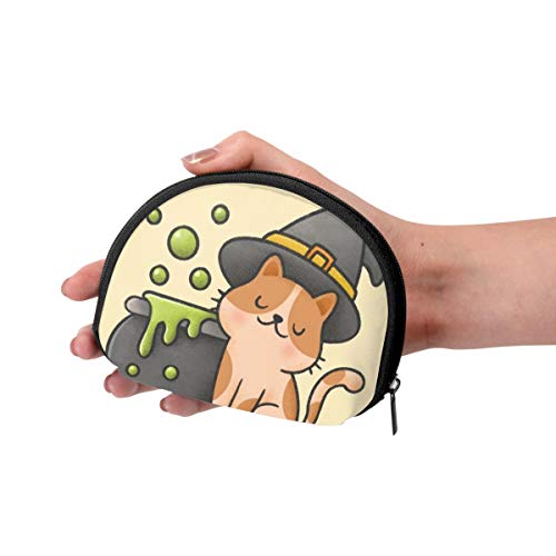 Gato con Sombrero de Bruja y Olla de Veneno con Burbujas Monedero Cambio de Efectivo Bolsa Cremallera Monedero pequeño Carteras Bolsa de cosméticos Bolsa de Almacenamiento