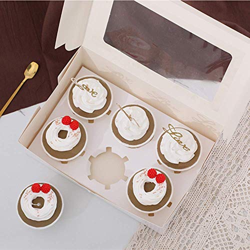 Gearific Cajas para Cupcakes, Paquete de 10 Cajas para Tartas con Inserciones extraíbles, recipientes Blancos para Cupcakes de panadería con Ventana para Muffins Cake (6 Agujeros)