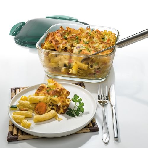 Genius Nicer Dicer Chef - Cuenco grande de cristal con tapa y alfombrilla de silicona para horno, apto para horno y congelador