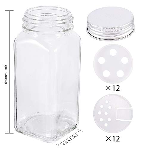 Gifort Botes de Especias Cristal, 12PCS Tarros de Vidrio Cuadrados para Especias 120ml con Etiquetas, Tapas Herméticas y Embudo, Organizador de Cocina para Especias y Hierbas