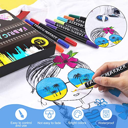 Gifort Punta Doble Rotuladores para Tela Permanentes, Punta Doble Con Punta de Cincel y Puntas de Punta Fina24 Colores Marcadores Textiles y para Niños Adultos Regalos Artesanales, Camisetas