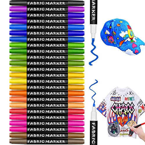 Gifort Punta Doble Rotuladores para Tela Permanentes, Punta Doble Con Punta de Cincel y Puntas de Punta Fina24 Colores Marcadores Textiles y para Niños Adultos Regalos Artesanales, Camisetas