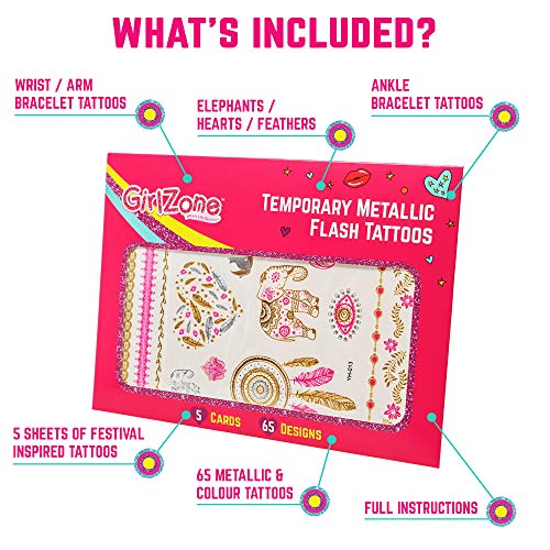 GirlZone Regalos para Niñas - Tattoos Infantiles Tatuajes Niñas - Pack de 65 Tatuajes Temporales para Niñas - Dorados, Metálicos Y Brillantes - Flash Tattoos 4 - 12 Años Halloween
