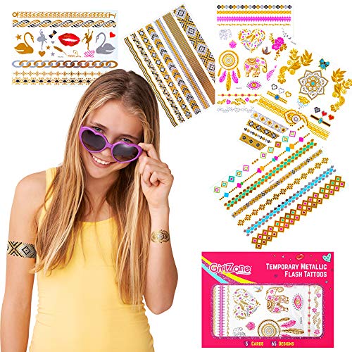 GirlZone Regalos para Niñas - Tattoos Infantiles Tatuajes Niñas - Pack de 65 Tatuajes Temporales para Niñas - Dorados, Metálicos Y Brillantes - Flash Tattoos 4 - 12 Años Halloween