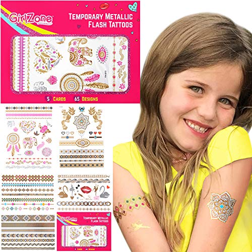 GirlZone Regalos para Niñas - Tattoos Infantiles Tatuajes Niñas - Pack de 65 Tatuajes Temporales para Niñas - Dorados, Metálicos Y Brillantes - Flash Tattoos 4 - 12 Años Halloween