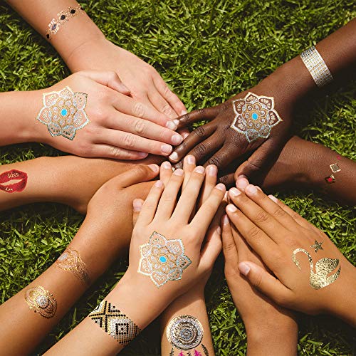 GirlZone Regalos para Niñas - Tattoos Infantiles Tatuajes Niñas - Pack de 65 Tatuajes Temporales para Niñas - Dorados, Metálicos Y Brillantes - Flash Tattoos 4 - 12 Años Halloween