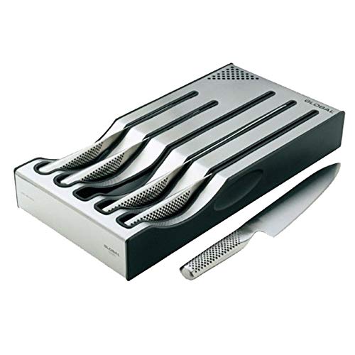 Global Set 5 Cuchillos (G-2, Cocinero, 20 cm, G-3, trinchante, 21 cm, G-9, Pan, 22 cm, GS-5, Vegetales, 14 cm y GS-11, utilitario, Flexible, 15 cm) con Soporte, G-88/555ST