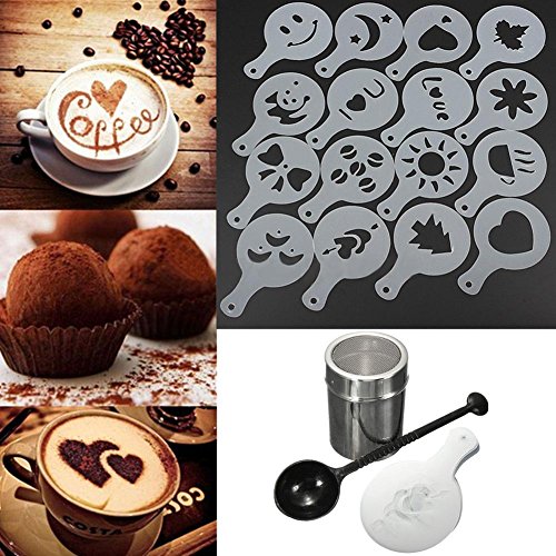 GLOBEAGLE Plumero Mezclador de Chocolate + 16 Plantillas de café Capuchino + Cuchara medidora