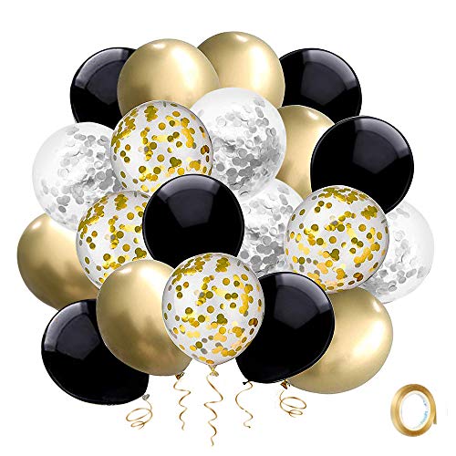 Globos de Cumpleaños Dorados Negros Plateado Globo Helio SKYIOL Confeti Metalizados Látex Globos 50 pz 30cm con Cinta Dorada para Niñas Niños Bautizo Baby Shower Boda Aniversario Fiesta Decoración